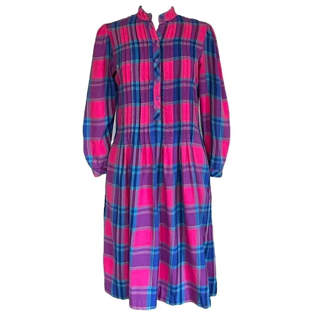 Matti Sport Vintage 1980s Cottagecore Midi Dress Flannel Plaid Puff Sleeve Sz 8 - Picture 2 of 10